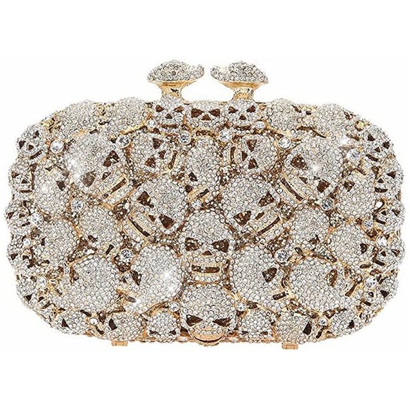 NEW Sparkling Bling Crystal Rhinestone Skull Clutch Purse Silver Gold +F… - Picture 7 of 11